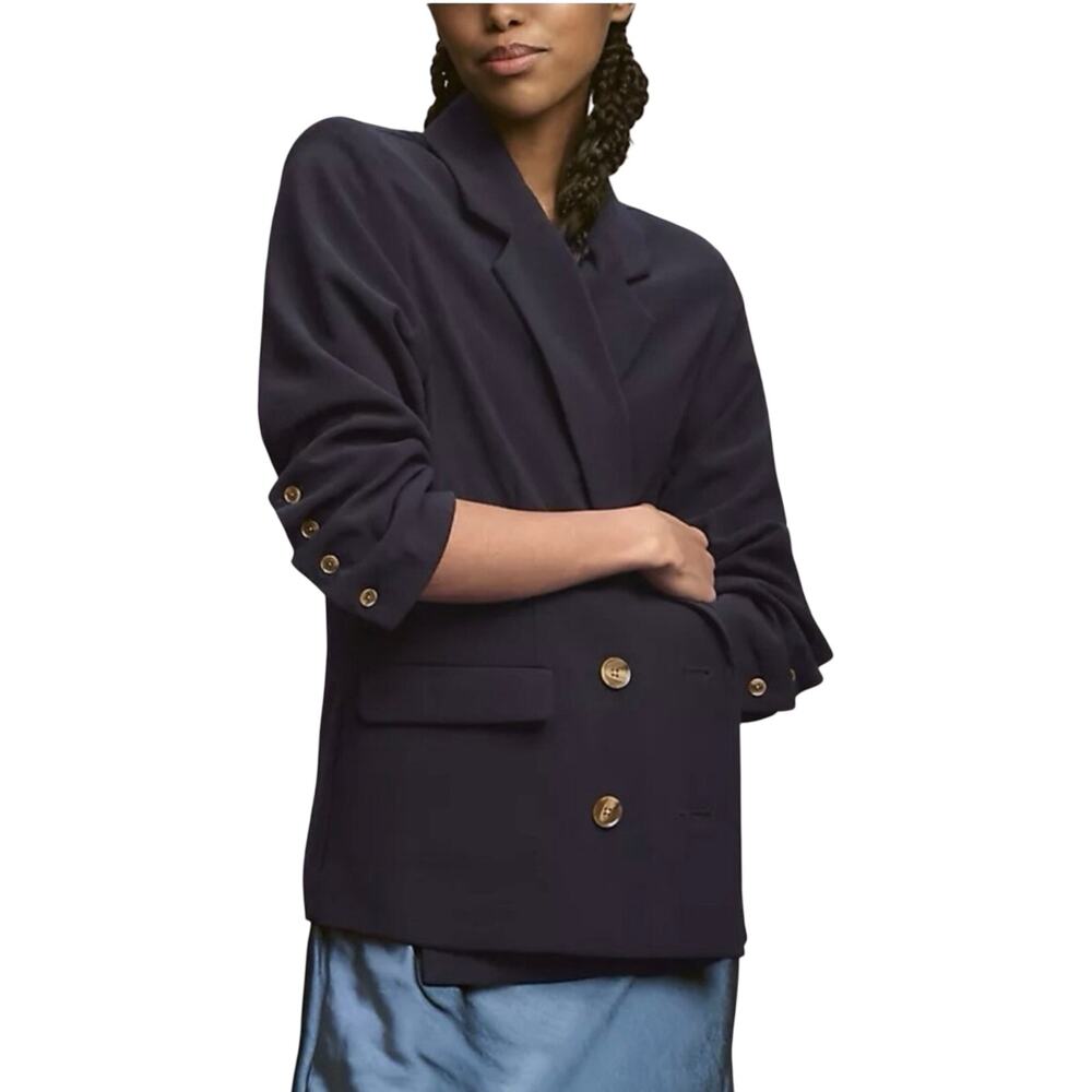 Anthropologie Ladies Navy Blue crepe double breasted blazer rouched 3/4 sleeve S